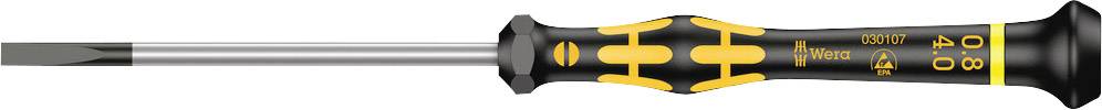 A black and yellow flathead screwdriver lies horizontally. The handle indicates its size and brand.