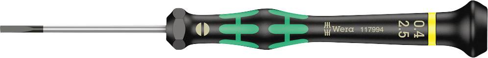 A black screwdriver with a green handle and yellow accents, suitable for precision work.