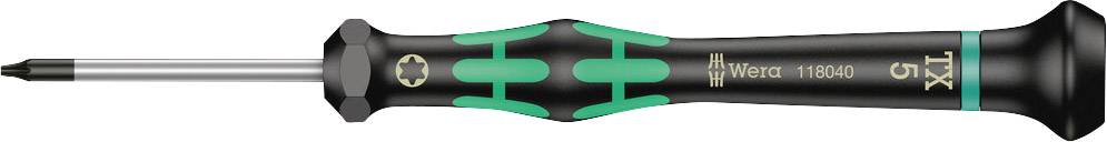 A screwdriver with a black handle and green elements. The shaft is metallic and terminates in a Torx tip.