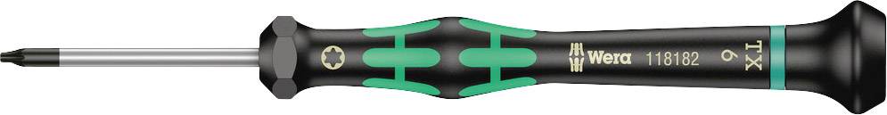 A screwdriver with a black handle and green accents, Torx tip. On the handle is written 'Wera 1160/62'.