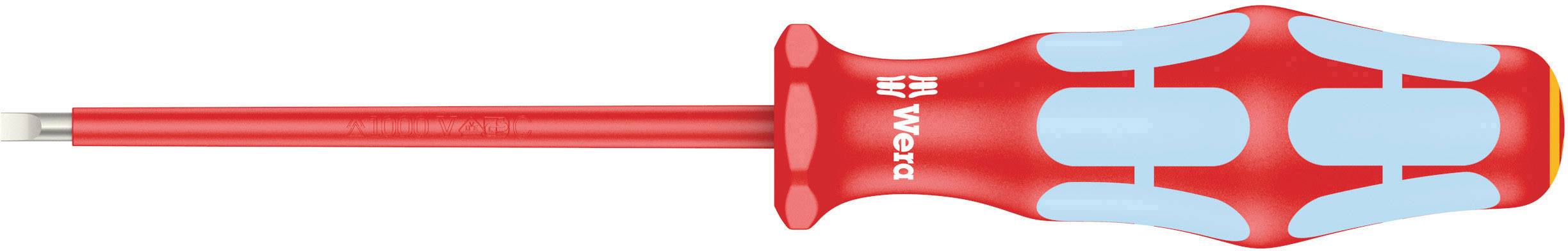 Insulated screwdriver with a red handle and blue anti-slip markings; suitable for electrical work.
