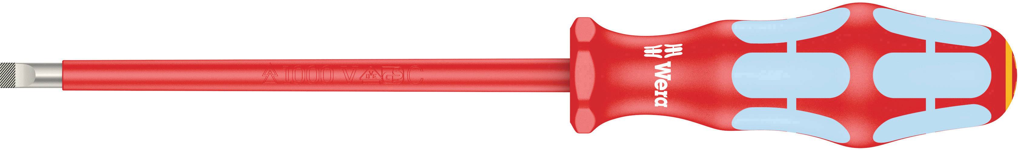 A red screwdriver with a blue ergonomic handle is lying horizontally.