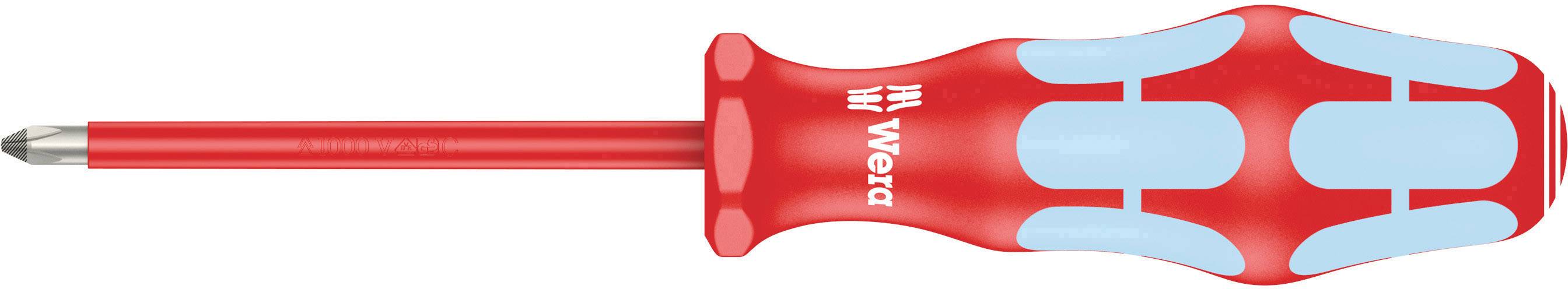 Screwdriver with a red handle and blue rubber inserts. The shaft is also red, and the tip is silver-coloured.