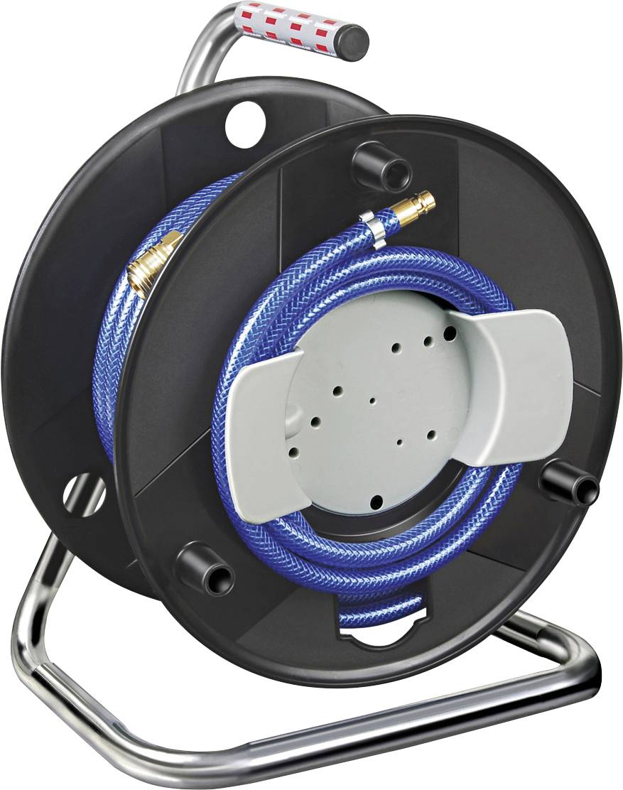 Portable hose reel with blue coiled hose on a black metal stand, shown from the front at an angle.