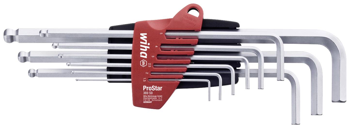 A set of eight hex keys in various sizes, arranged in a red and black holder, marked with 'Wiha ProStar'.