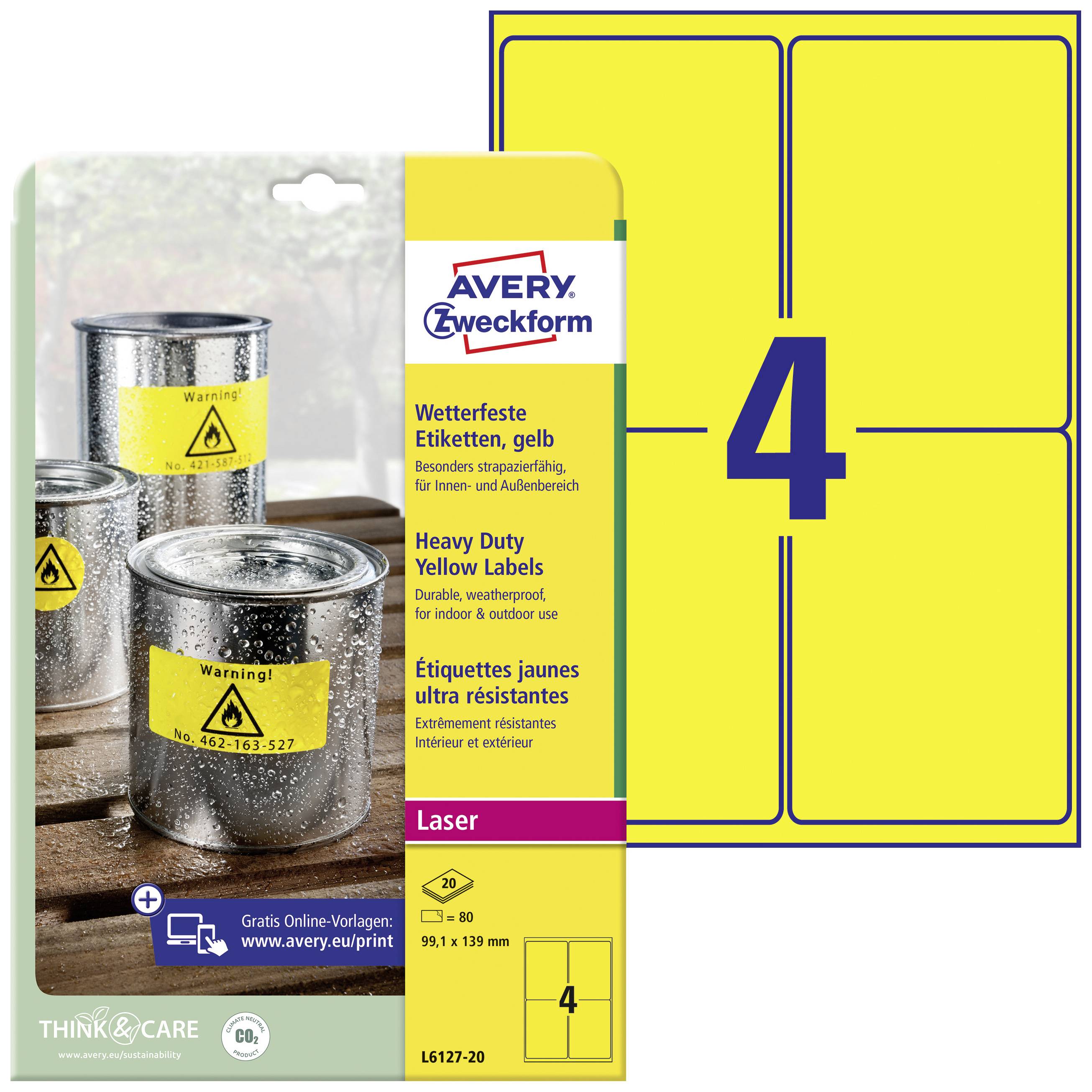 Yellow laser labels by Avery Zweckform, weatherproof. Ideal for storage, outdoor use. Packaging shows label on container with warning sticker.