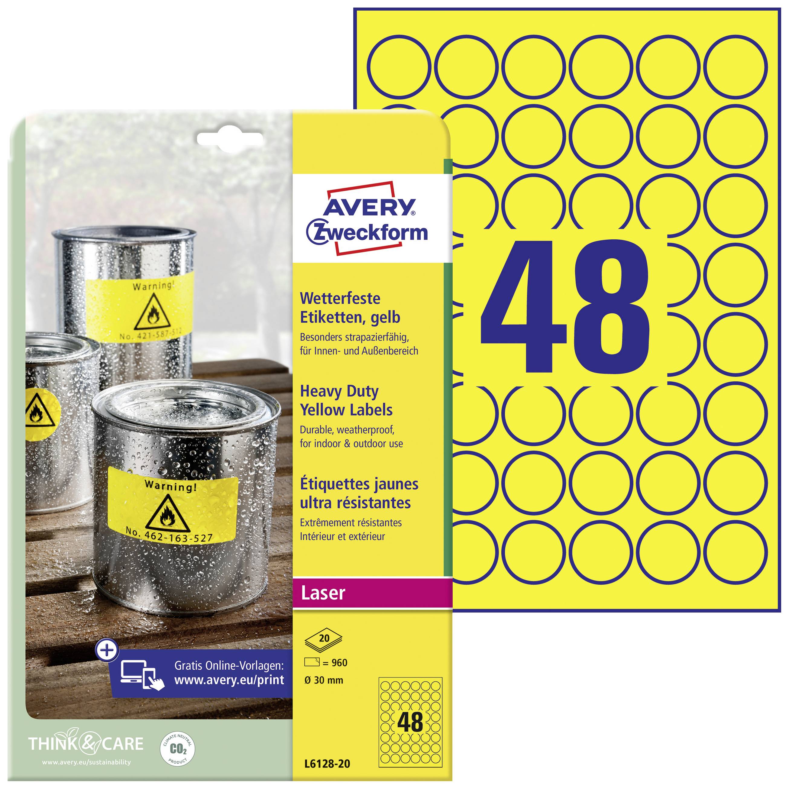 Yellow, weatherproof labels by Avery Zweckform, suitable for industrial use. Pack of 48 labels; image shows yellow label film and containers.