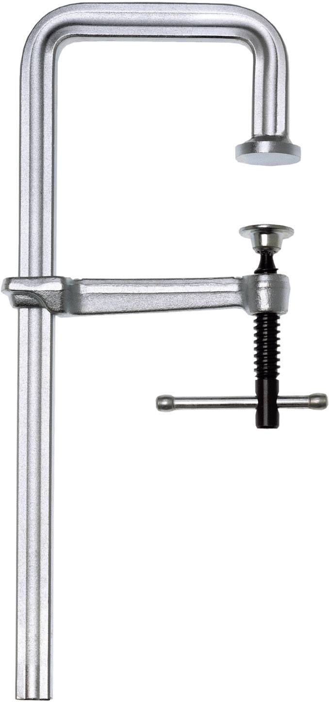 A silver metal G-clamp with a movable arm and a screw for securing objects.