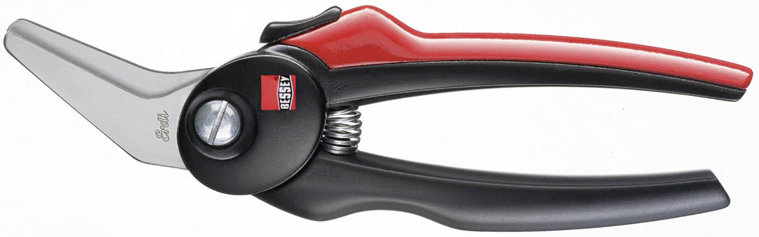 A red and black garden secateurs with an ergonomic handle and sharp blade, suitable for precise plant pruning.