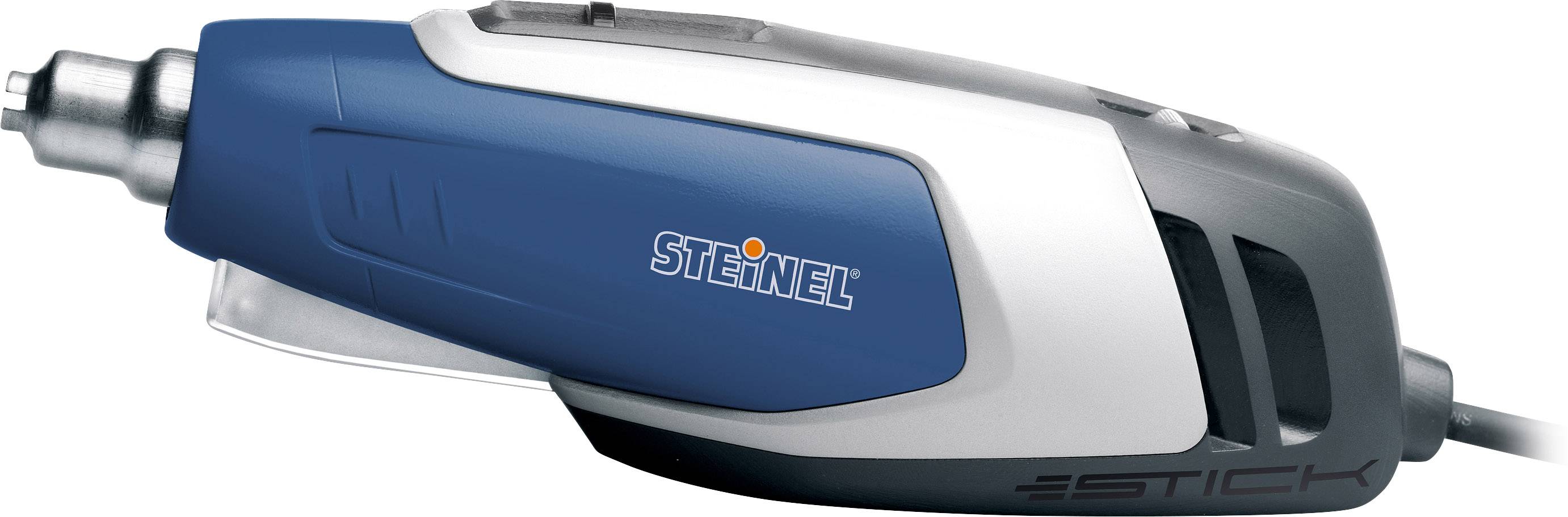 Electric hot glue gun, blue and white design with 'Steinel' logo, side view. Suitable for DIY projects.