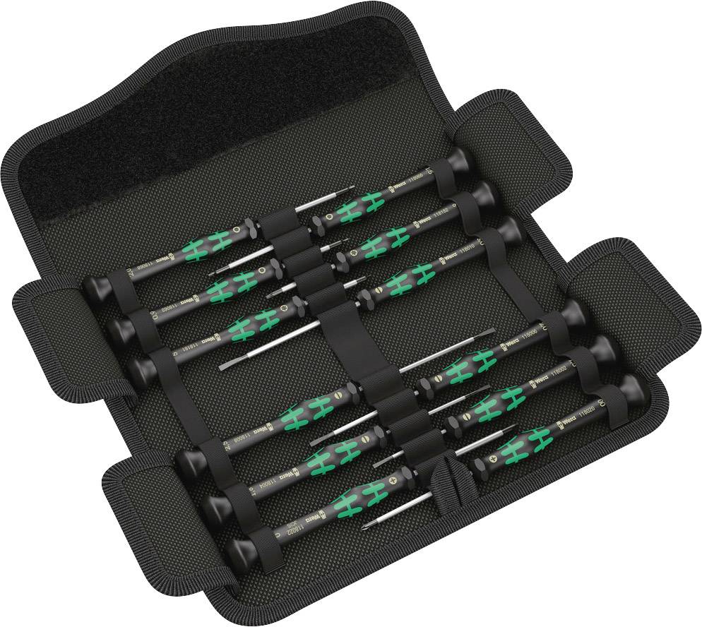 A set of precision mechanic screwdrivers in a fold-out black case, suitable for precise repair work.