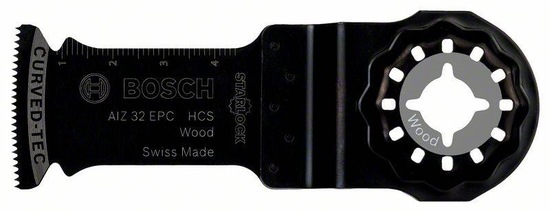 A black Bosch Starlock saw blade, model AIZ 32 EPC, specialised for wood. Manufactured in Switzerland.