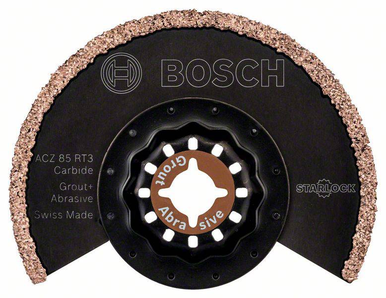Black Bosch saw blade with copper-coloured edge and 'Starlock' attachment. Labelled: 'ACZ 85 RT3 Carbide Grout Abrasive'.