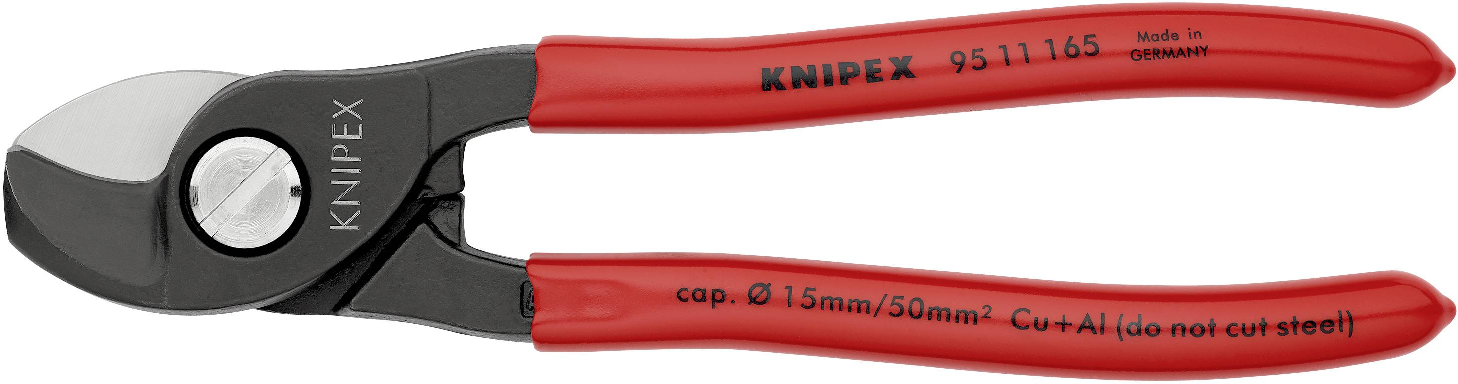 Red Knipex cable cutter from Germany, model number 95 11 165, suitable for copper and aluminium cables up to 15 mm in diameter.