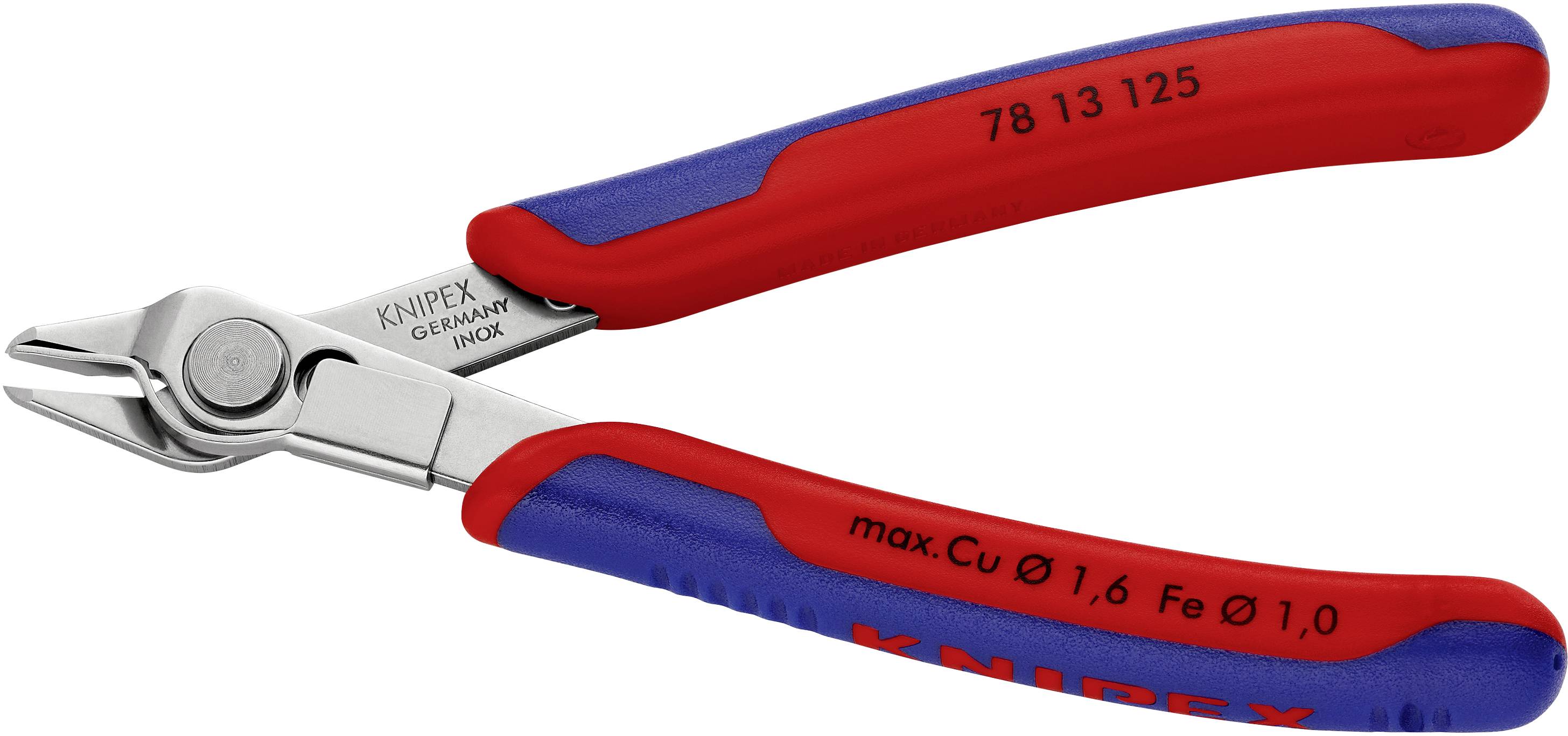 A red and blue pair of pliers with the inscription 'Knipex Germany'. Suitable for cutting copper up to 1.6 mm and iron up to 1 mm.
