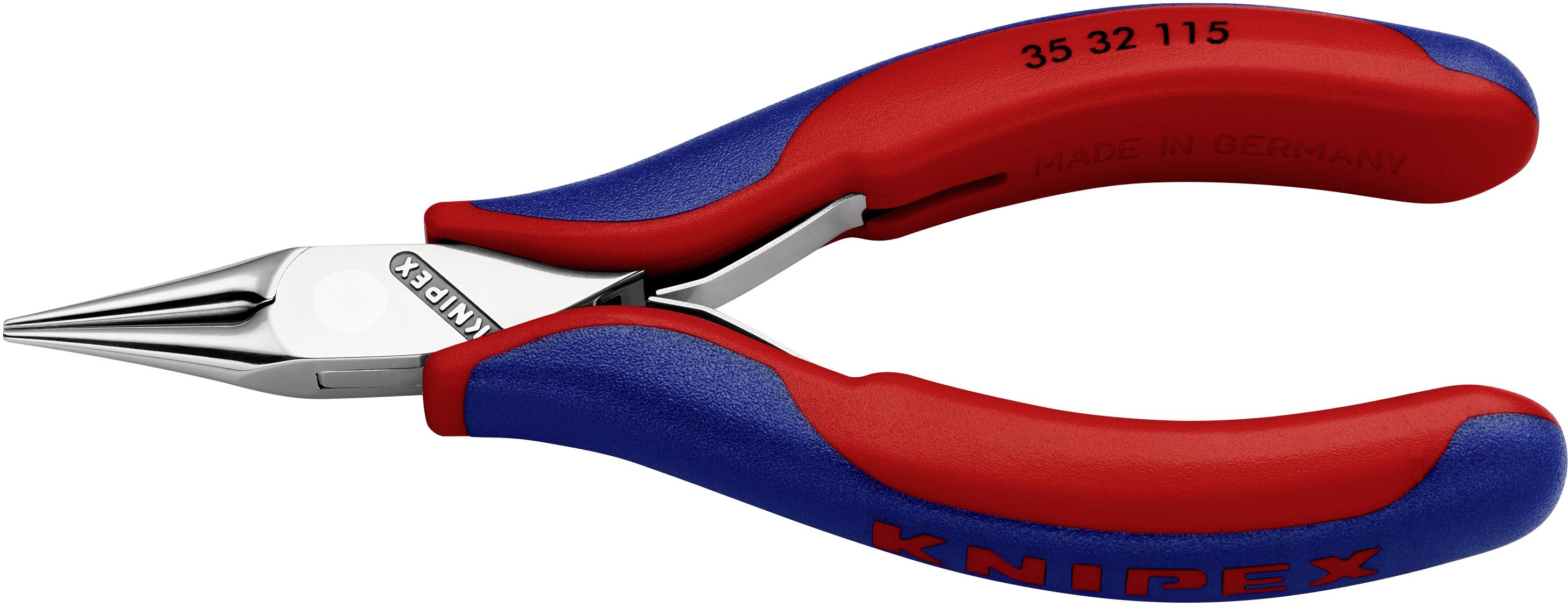 A red and blue Knipex needle-nose pliers, suitable for precision work.