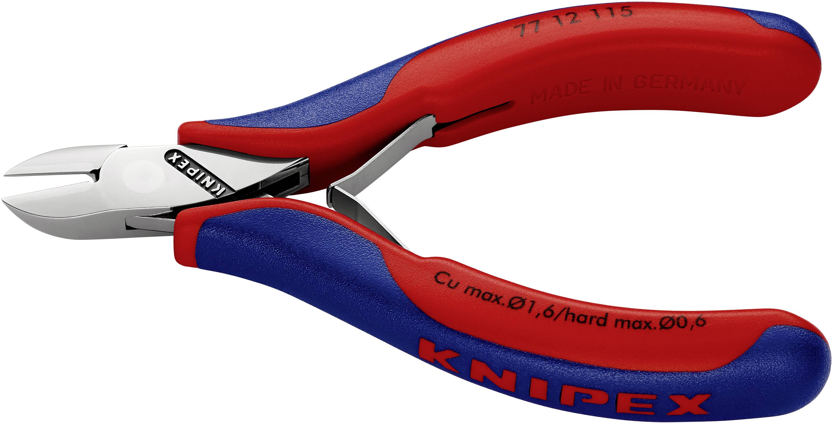 A red and blue pair of pliers with the 'Knipex' inscription. Designed for cutting wires, manufactured in Germany.