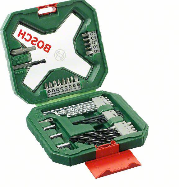 A green Bosch drill set with various drill bits, attachments, and holders, arranged in an angular plastic case.