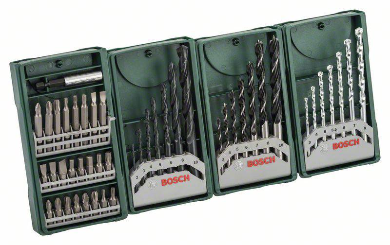 A set of Bosch drill bits and accessories in four green plastic cases, arranged by size and type.