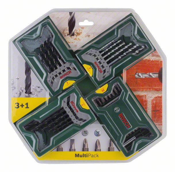 'Bosch MultiPack' Drill Bit Set, comprising stone, wood and metal drill bits. Packaging displays application examples and product logo.