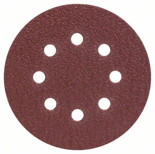 Round sanding paper with eight holes for a sanding machine. Used for processing wood or metal surfaces.