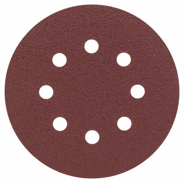 A round sandpaper disc with eight symmetrically arranged holes in the centre. Ideal for attaching to a sanding device.
