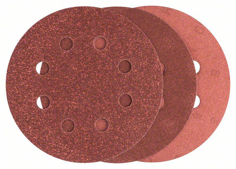 Three red grinding discs, each fitted with eight holes, are layered overlapping each other.