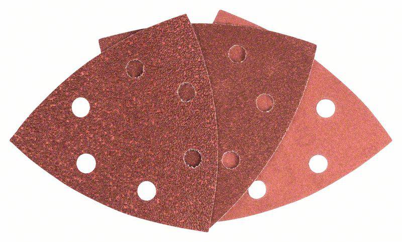 Three triangular pieces of sandpaper with holes, layered on top of each other. They are likely to be used for an orbital sander.