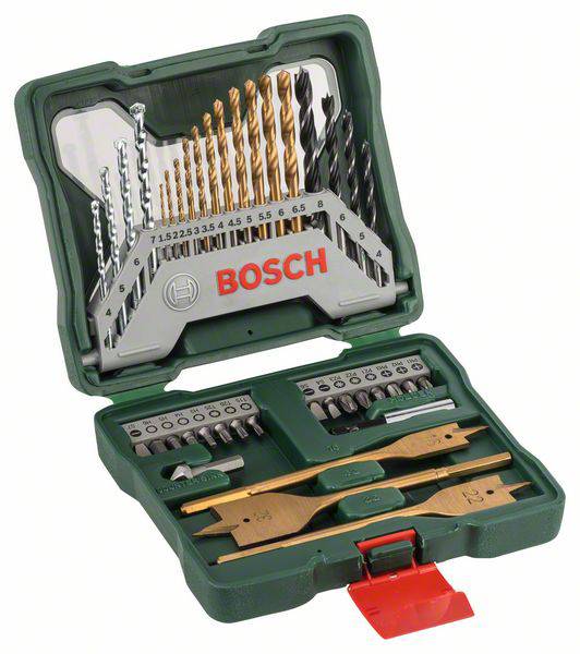 Green Bosch tool case with various drill bits and attachments. Contains metal, wood, and stone drill bits, as well as screwdriver bits.