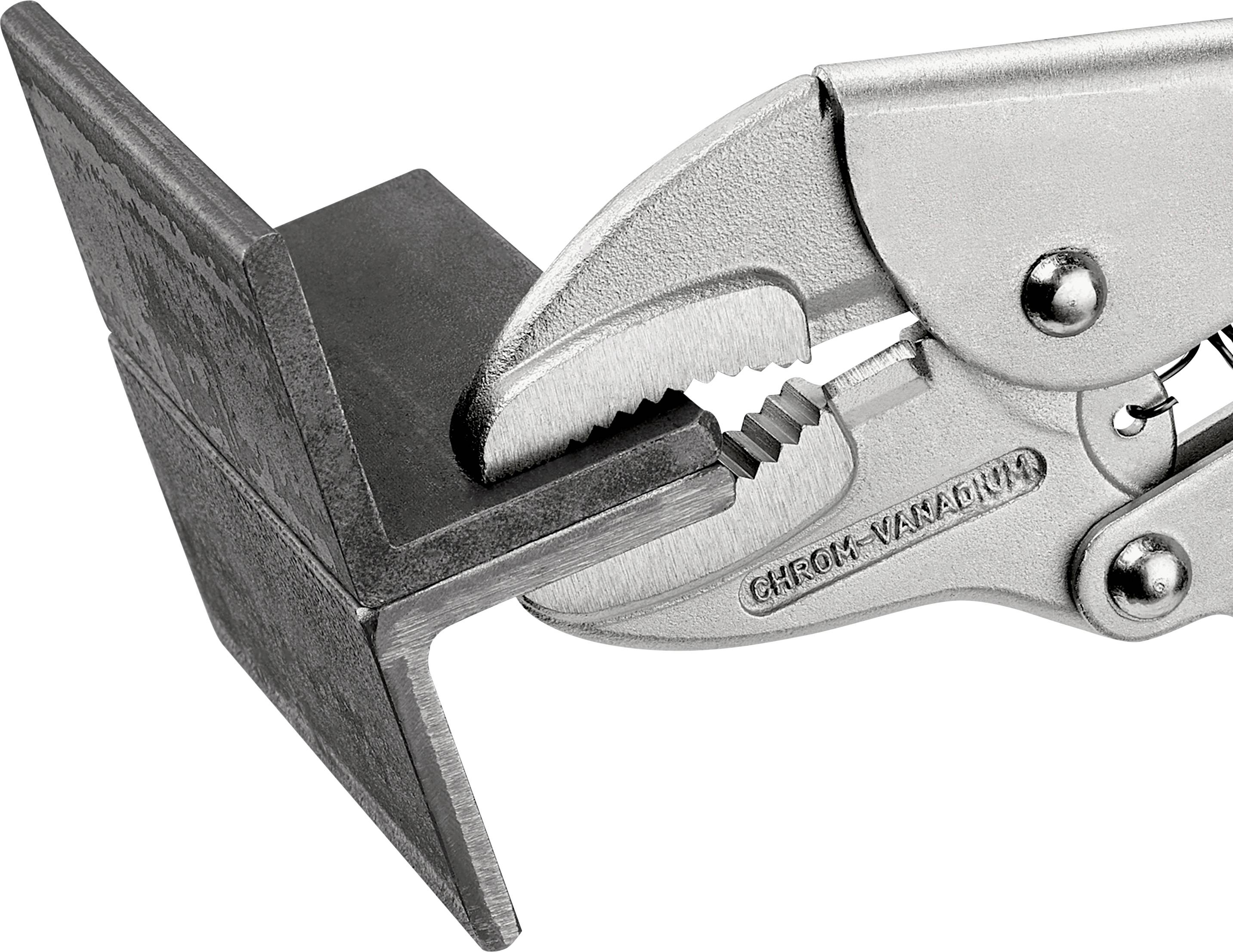 Locking pliers gripping a dark metal angle bracket on a white background.