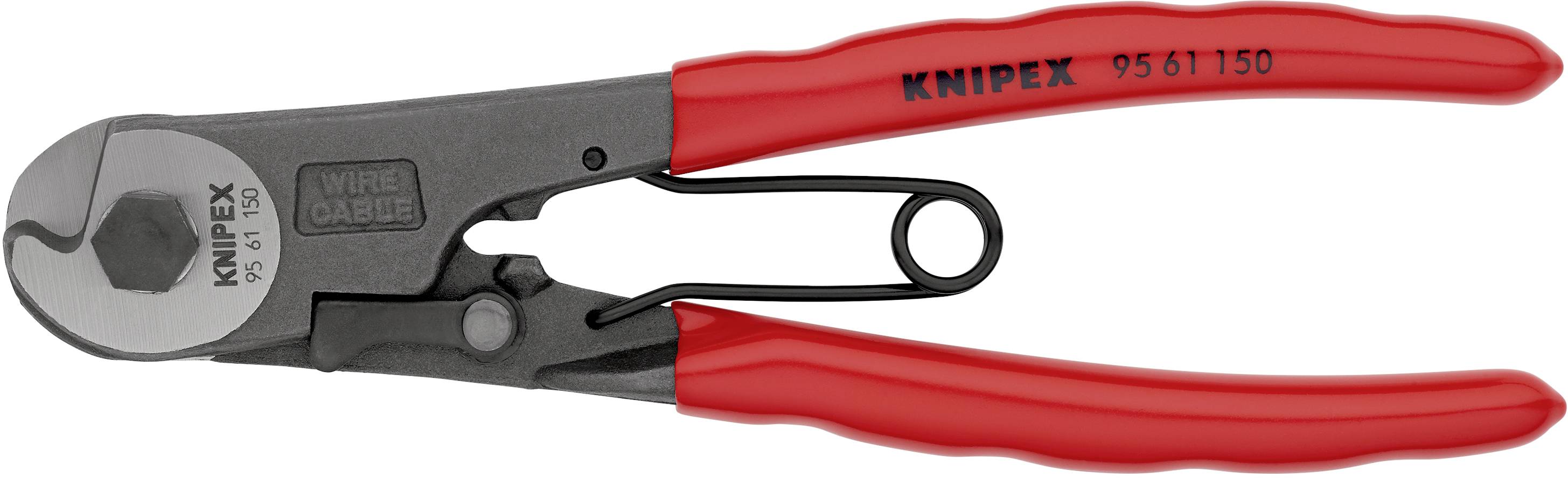 Red cutting tool with black details, suitable for cutting wire ropes. Knipex logo and model number printed.