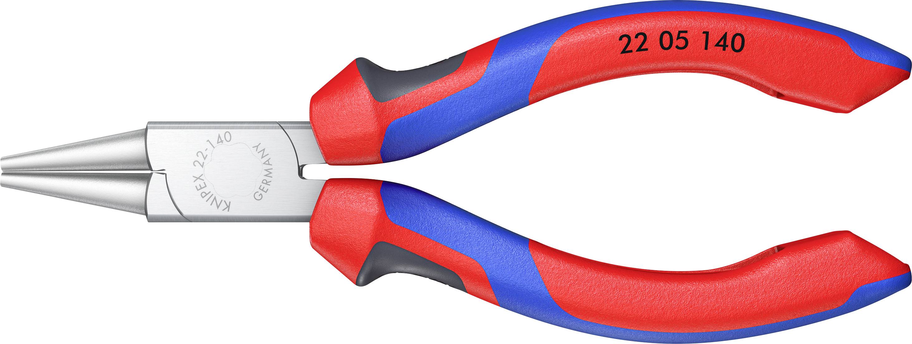 Red and blue round-nose pliers with engraved measurements on the handle, used for bending and shaping wire in jewelry making and crafts.