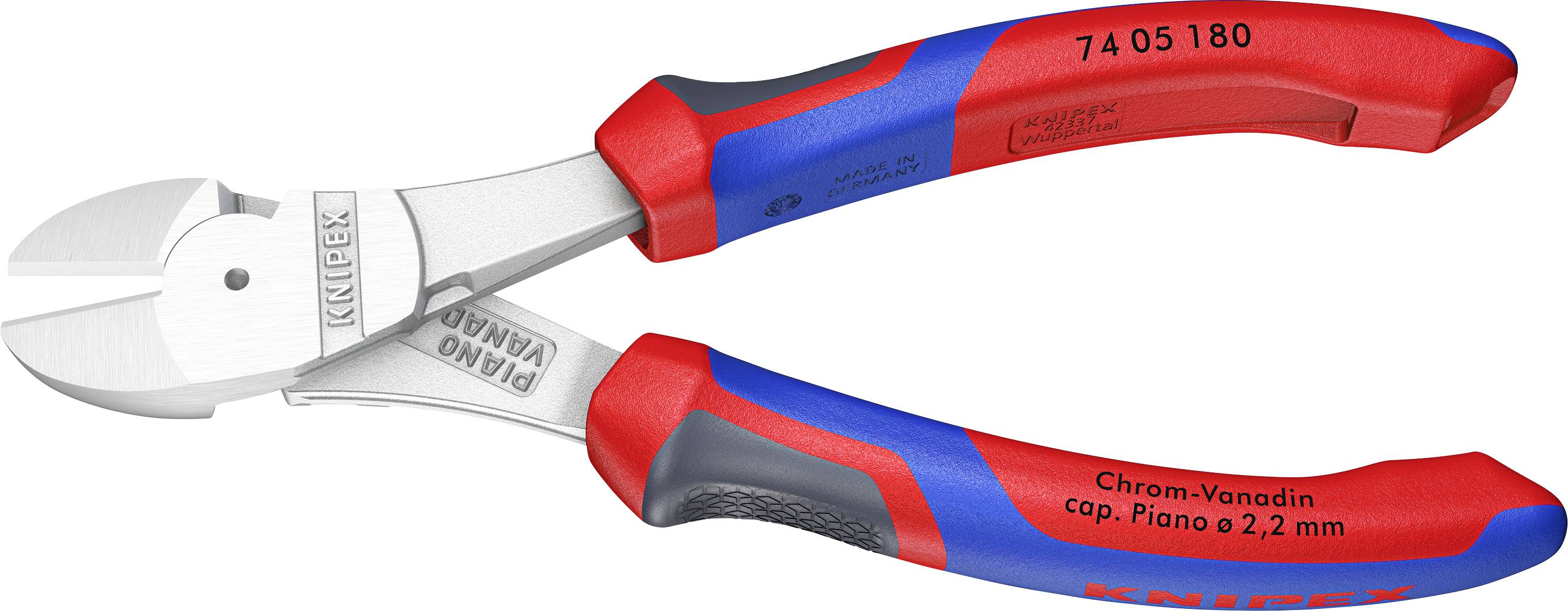 A blue and red Knipex side-cutting pliers made from chrome vanadium steel, suitable for piano wire up to 2.2 mm in diameter.