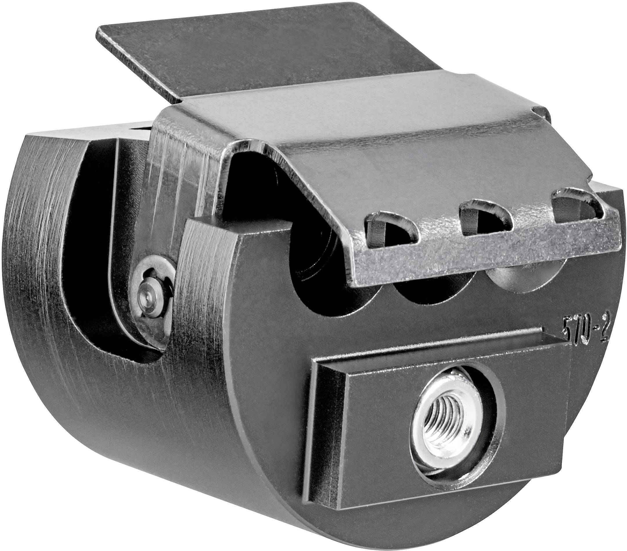 Metallic machine component with a rounded surface and multiple slotted apertures.