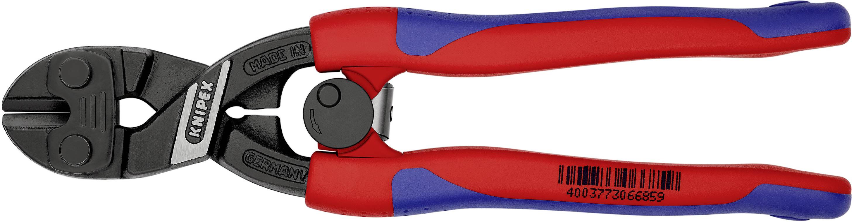 Pliers with red and blue handle, label with barcode '4003773086359', brand name 'KNIPEX' visible on the tool head.