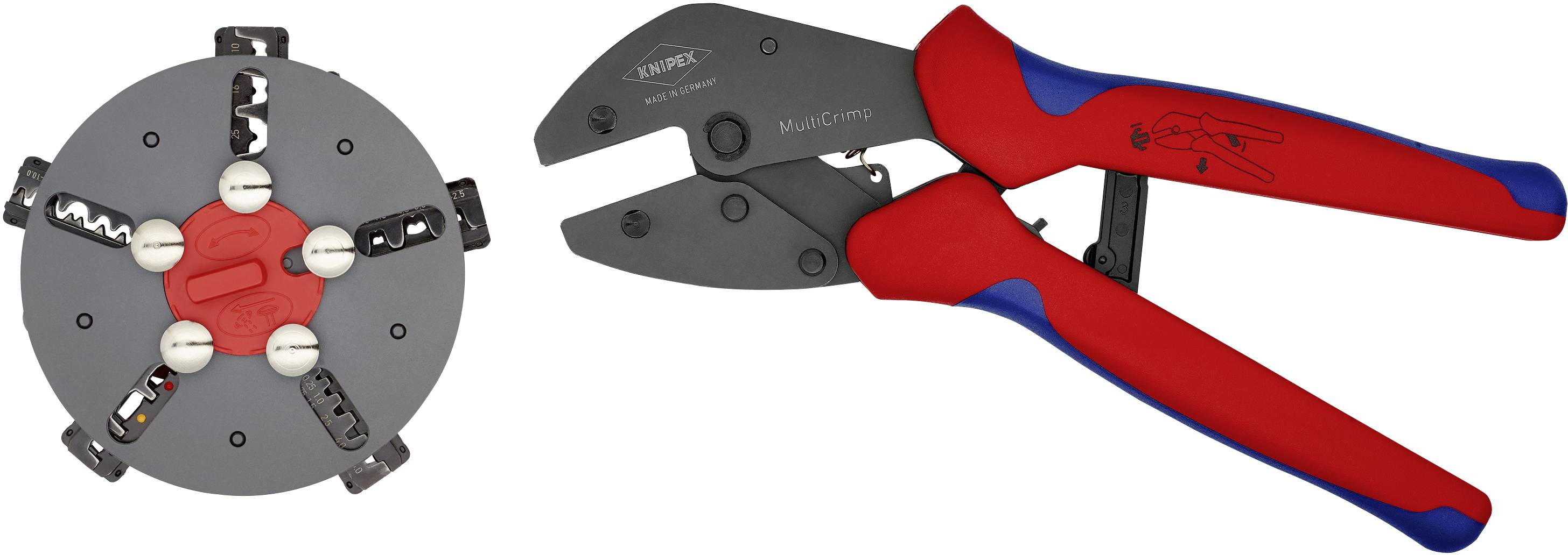 Red and blue wire stripping tool with grey and red rotary blade, used for precision wire cutting and stripping.