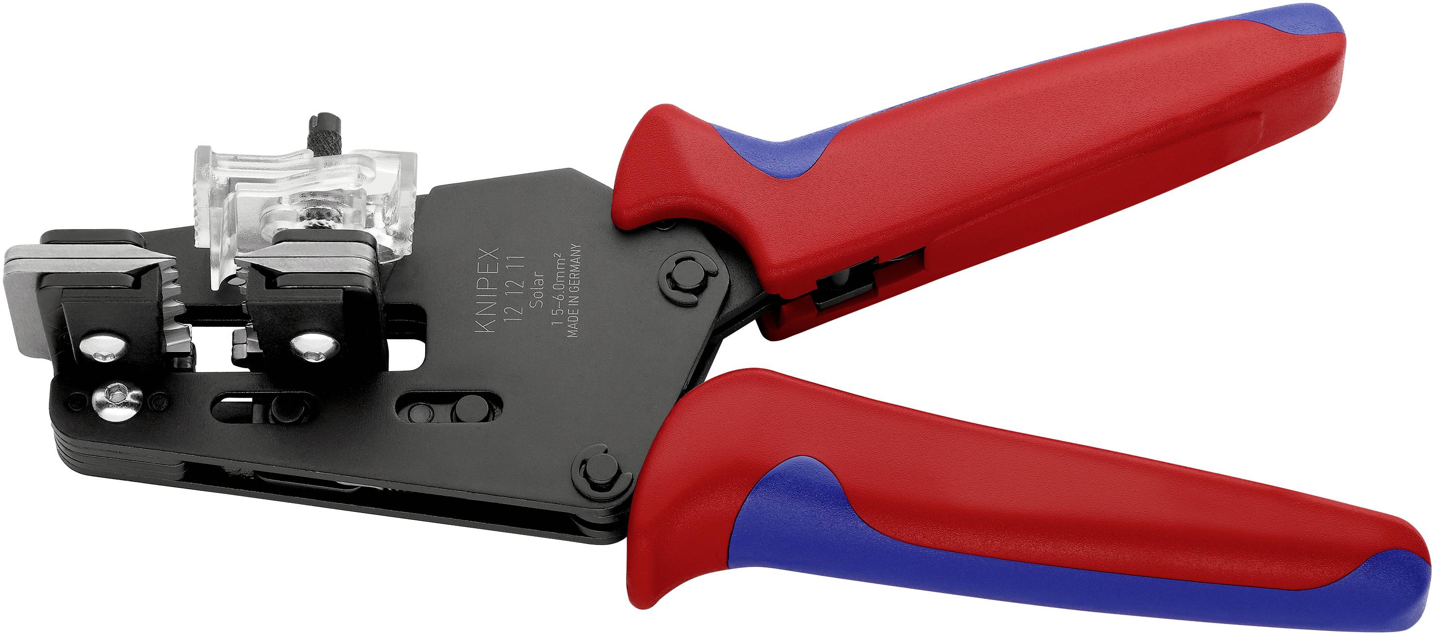 A crimping pliers with red and blue handles for stripping and cutting cables, against a white background.