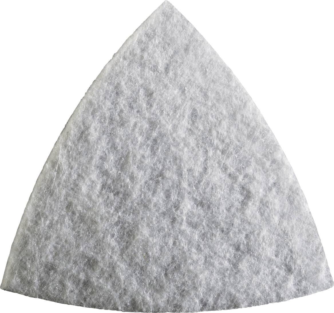 A triangular piece of grey felt material, often used as sandpaper or a polishing pad.