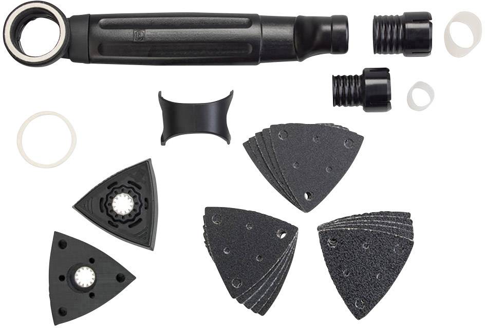 Black grinding tool with replacement grinding blades and accessory parts on a white background, ready for assembly.
