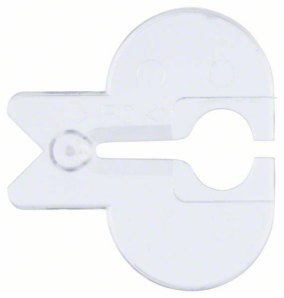 A transparent, oval plastic clip with a round hole on the right side and an elongated arm on the left side.