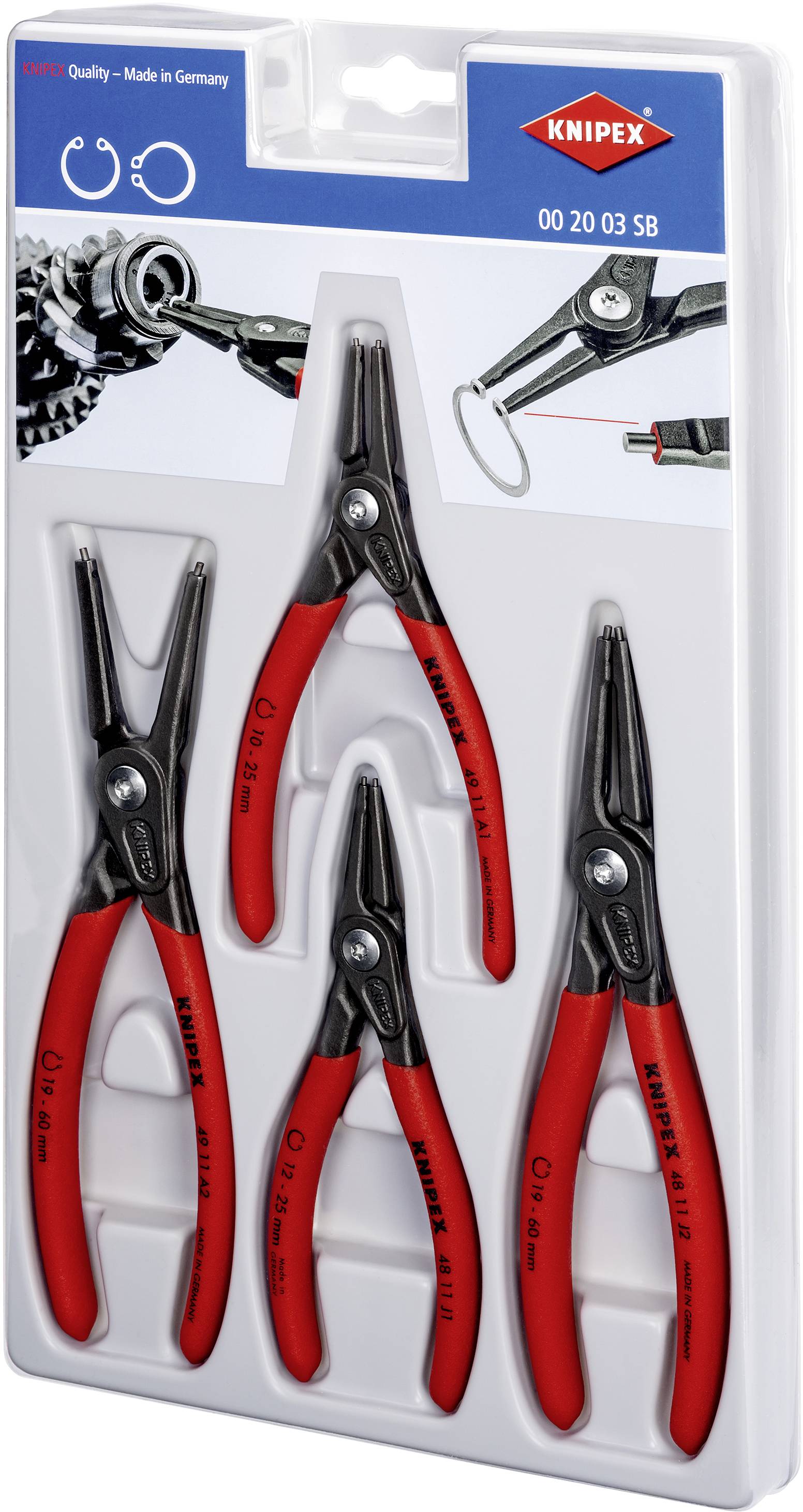 'KNIPEX Pliers Set' with four different pliers in packaging. Red and black handles, printed with 'Made in Germany'.