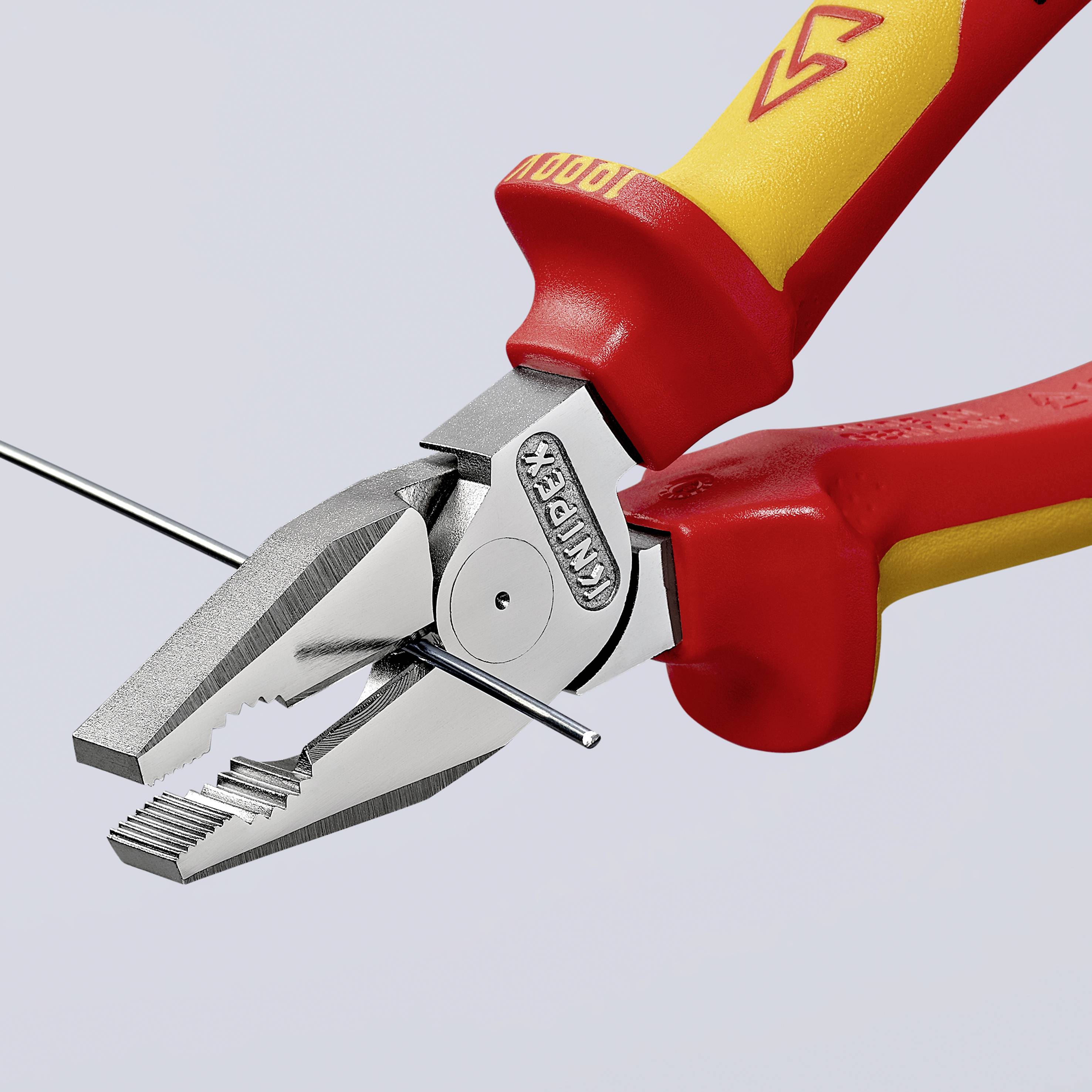 Red pliers with a yellow handle grip a thin metal rod. Close-up reveals the precise grip and cutting areas of the pliers.