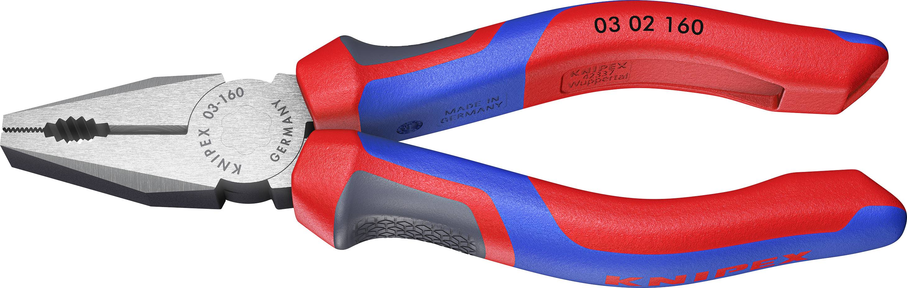 Flat pliers with red and blue handle, model 'KNIPEX 03 02 160'. Suitable for gripping and cutting wires.