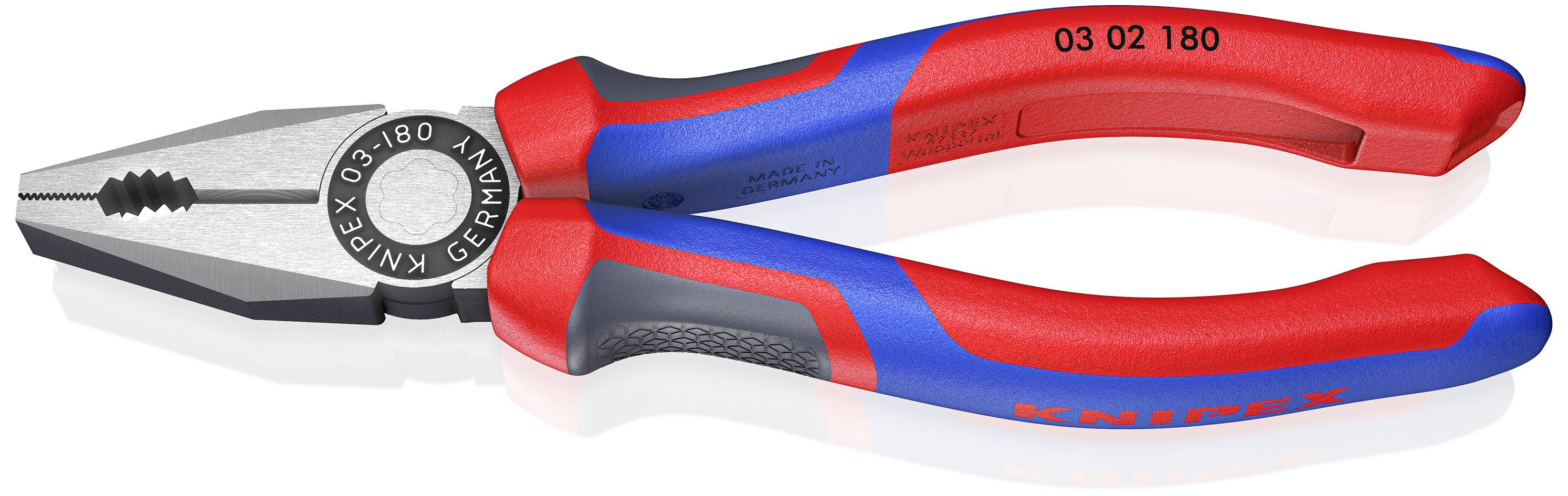 A red and blue combination pliers made of metal and plastic, with the inscription 'Knipex 03 02 180' on the handle.