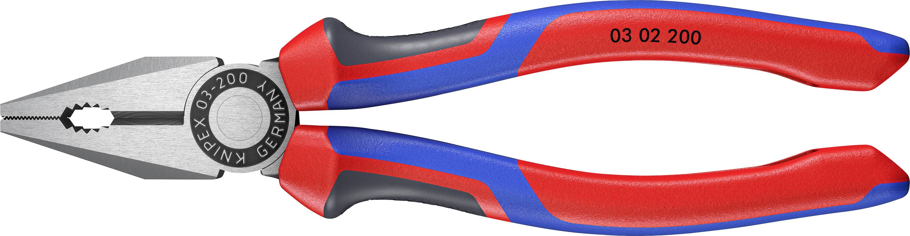 A red and blue combination pliers with insulated handles and embossed text '03 02 200'. Ideal for gripping and cutting tasks.