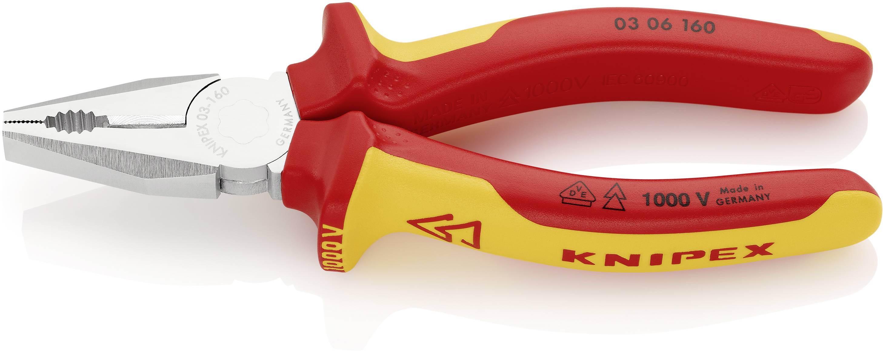 A red and yellow combination pliers by Knipex, made from insulated material for work up to 1000 V, with a knurled steel head.