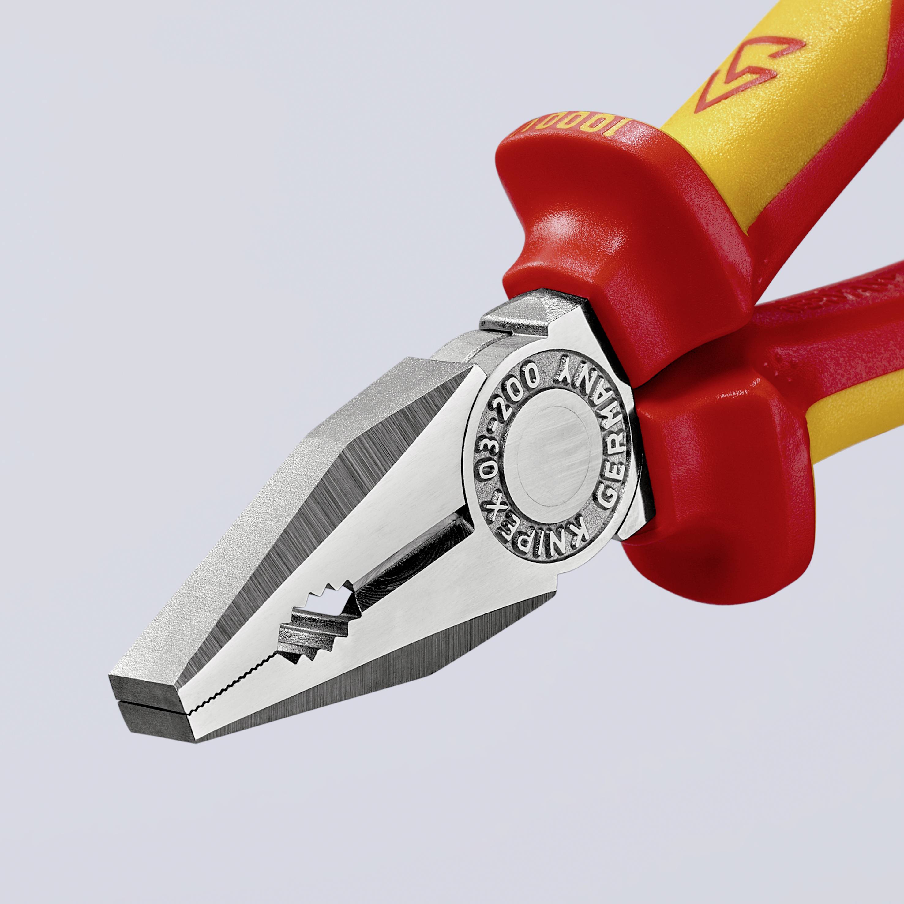 A pair of combination pliers with plastic handles in red and yellow, showing the distinctive shape of the gripping jaws and its purpose as a tool.