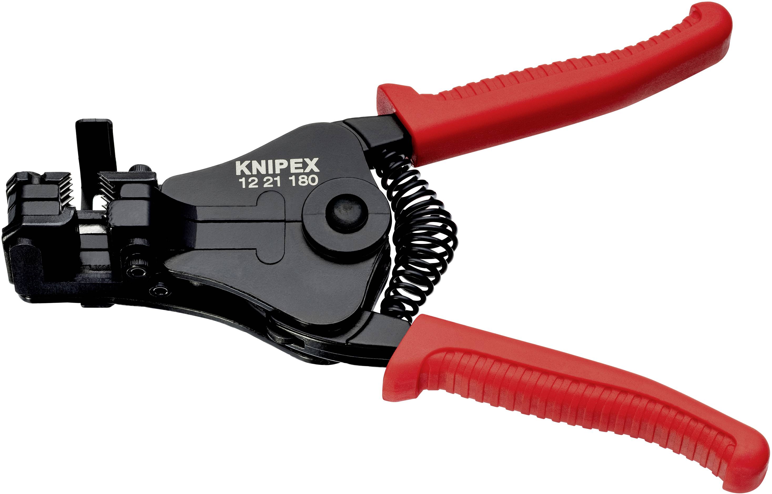 Pictured is a black cable cutter with red handles by KNIPEX, model number 12 21 180.
