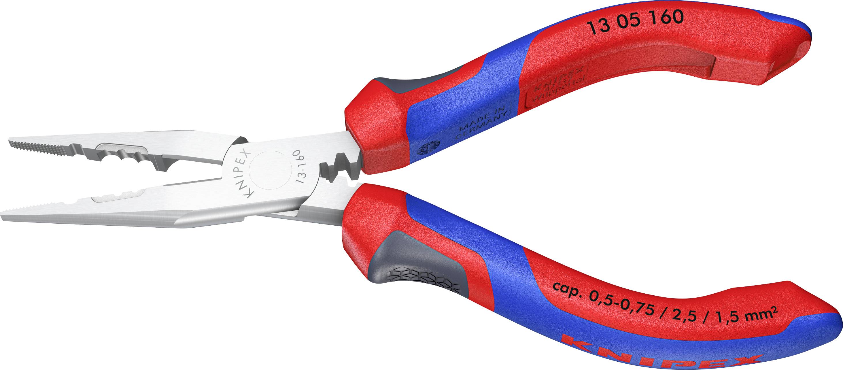 Flat round pliers with red and blue handle, suitable for gripping and cutting tasks. Model number and capacities indicated on the pliers.