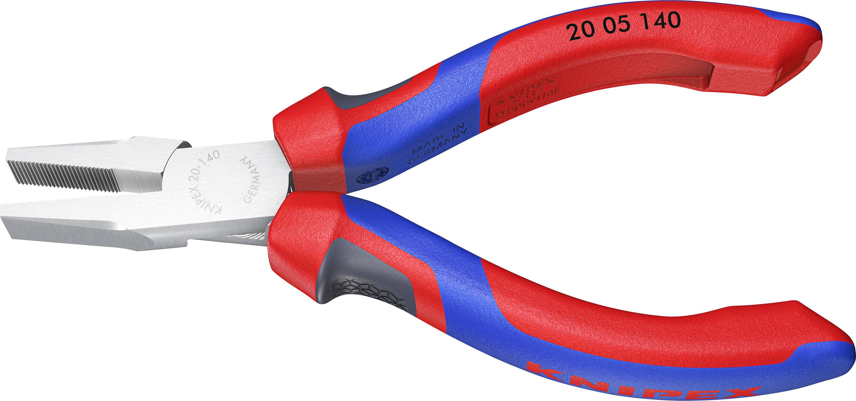 A red and blue combination pliers with a ribbed grip and a flat, serrated jaw.